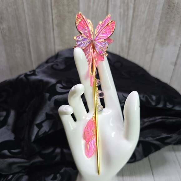 Handmade Delicate Gold and Pink Butterfly Hair Stick w/ Wings and Crystal 7" L - Picture 1 of 8
